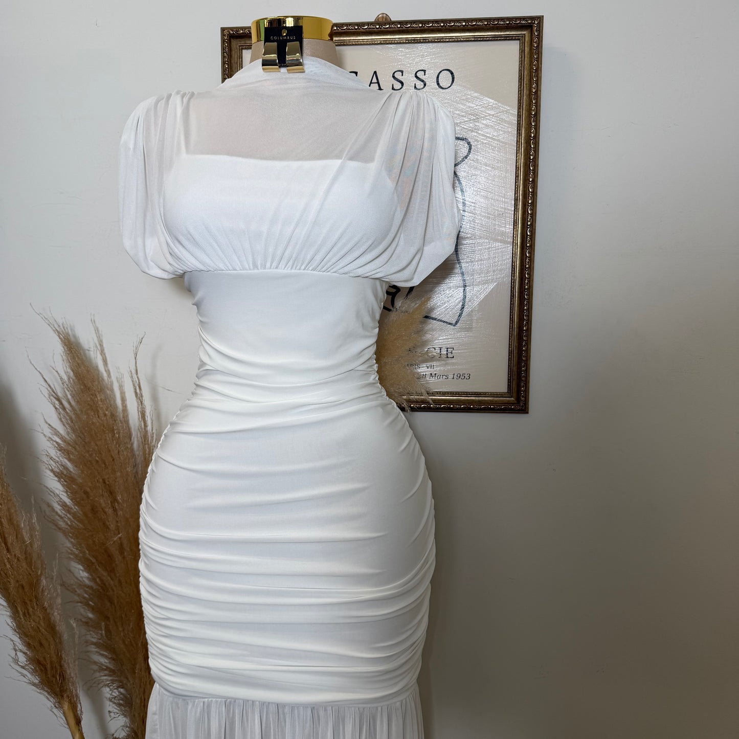 Mesh & Knit Mix Long Dress-Ivory