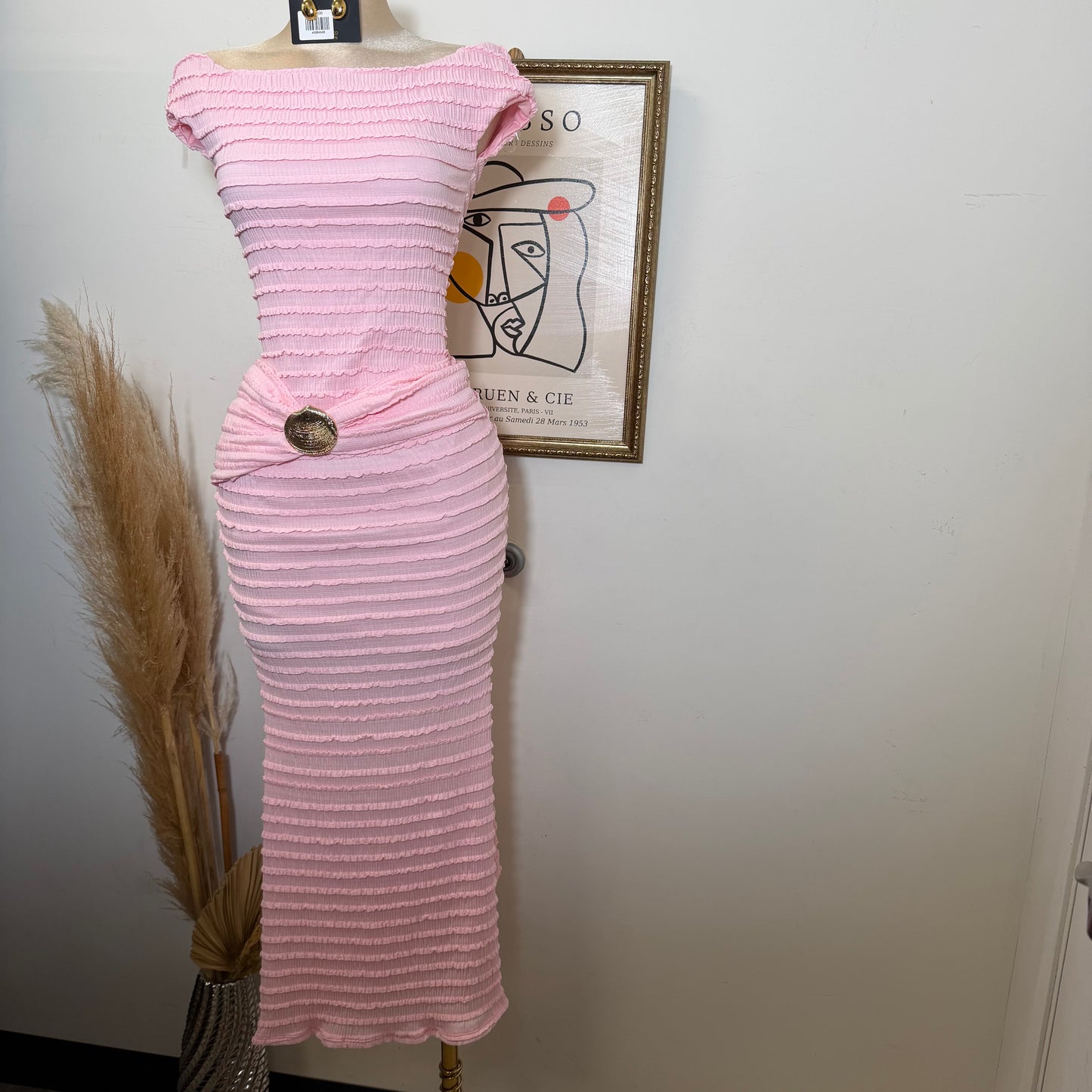 Textured Solid Off shoulder Maxi dress-Pink
