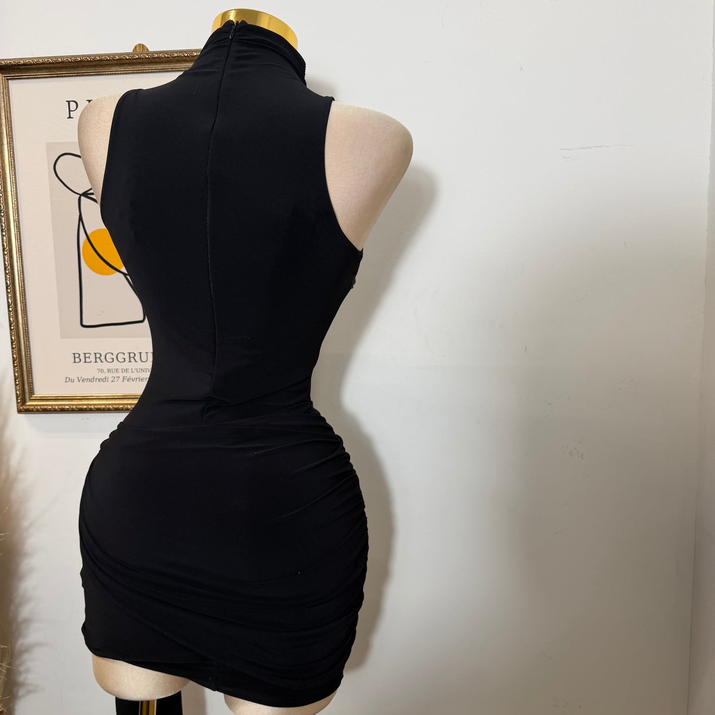 Mock Neck Front Sash With Trim Detail Mini Dress-Black (Copy)