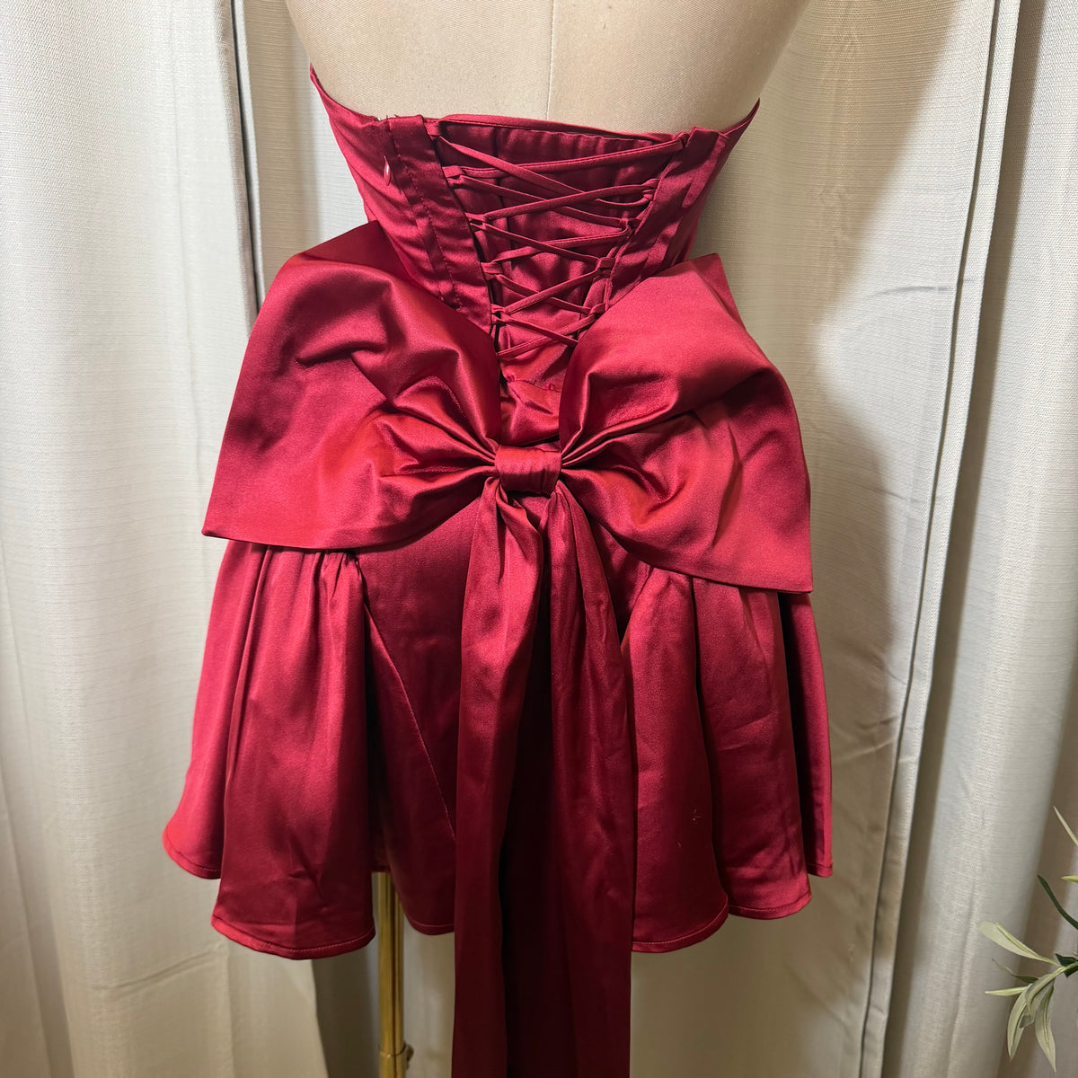 Satin Strapless Corset Lace up Bow Mini Dress-Burgundy