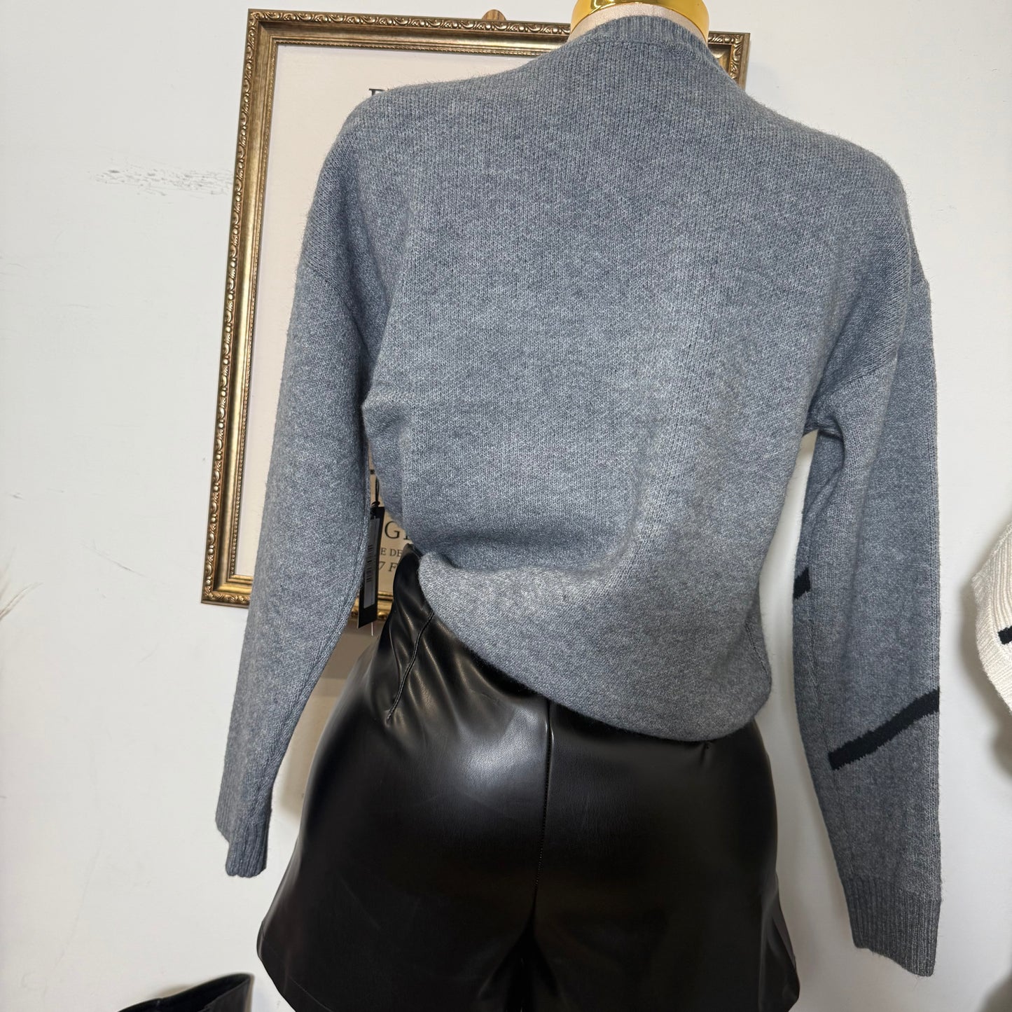 Ribbon Jacquard Sweater Top-Heather Grey