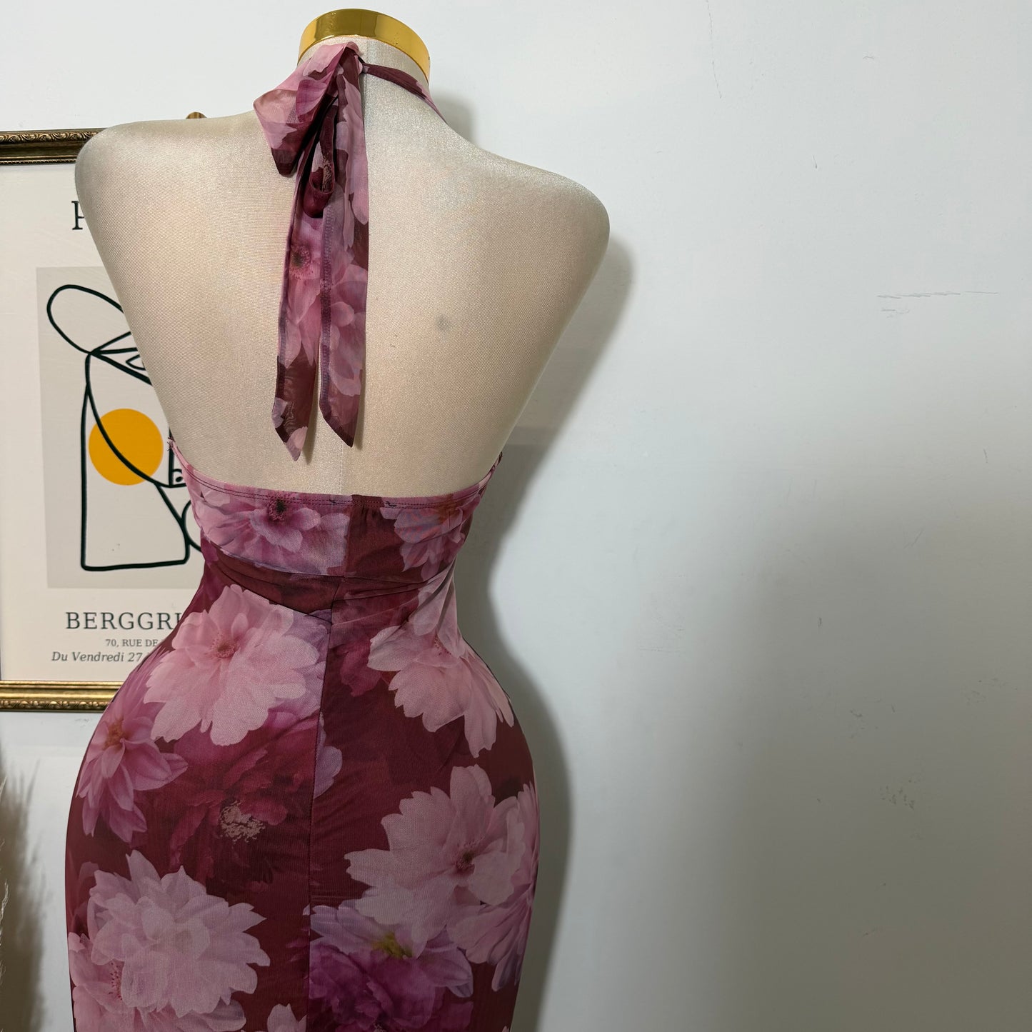 Mesh Print Halter Neck Back slit Maxi Dress-Mauve