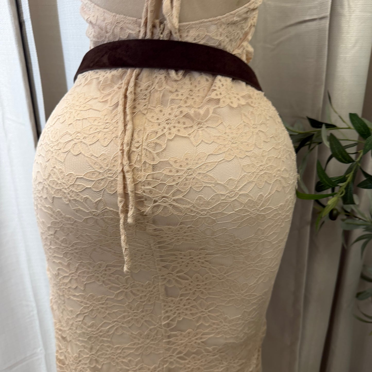 Mismaloya Lace Maxi Dress with Open Back & Tie Detail-Mocha