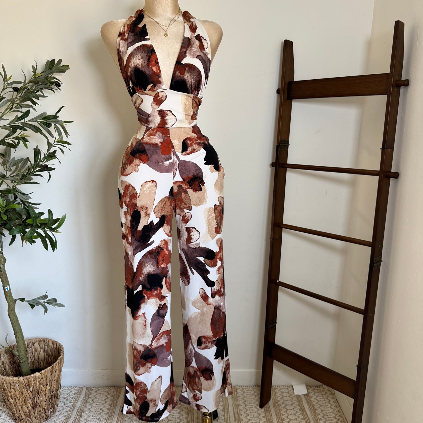 Halter Jumpsuit-Burgundy/Brown