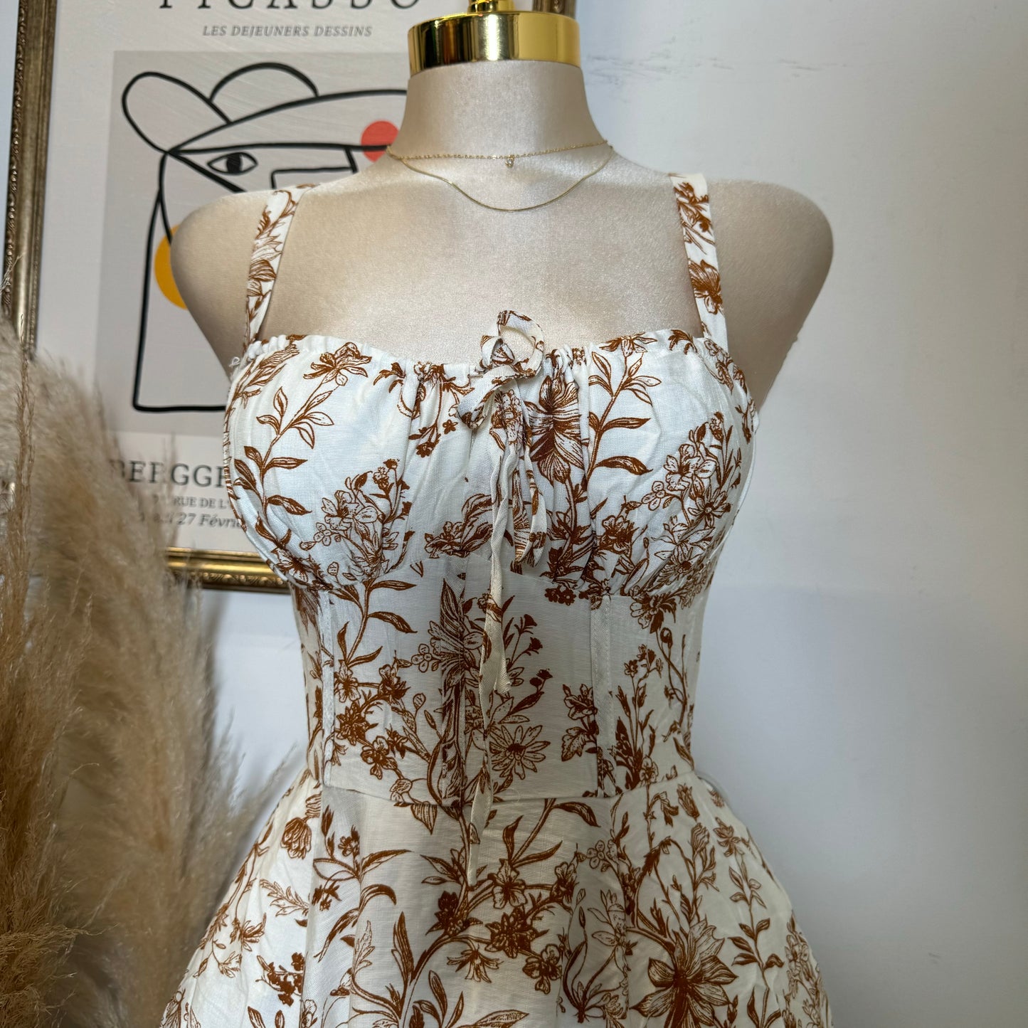 Picnic Corset Midi Dress-Brown/White