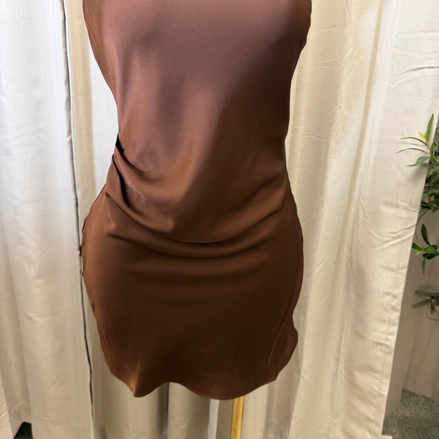 Satin Cowl Halter Neck Dress-Brown