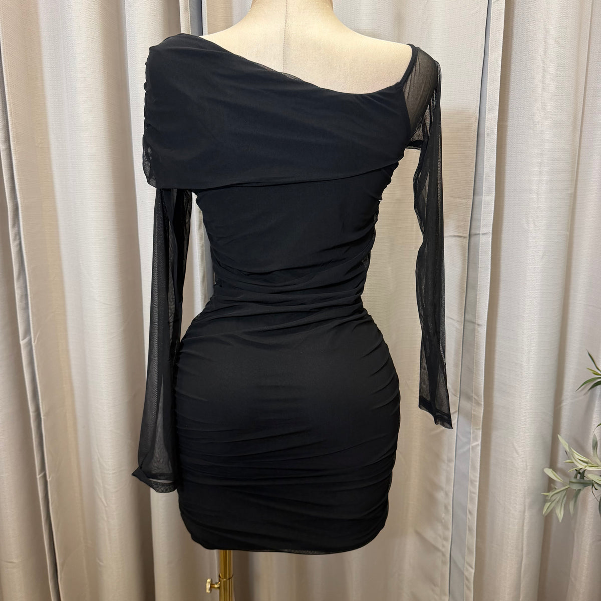 SHEERE MESH ASSYMMETRIC SHOULDER BODYCON MINI DRESS-Black