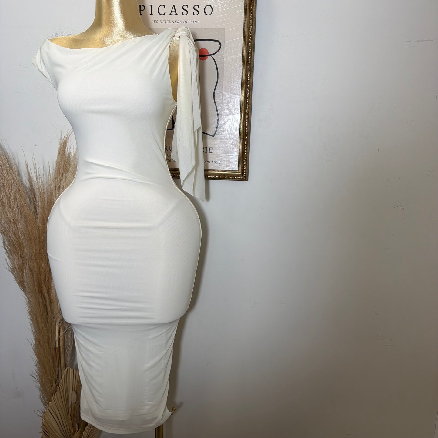 One shoulder Tie Midi Dress-Cream