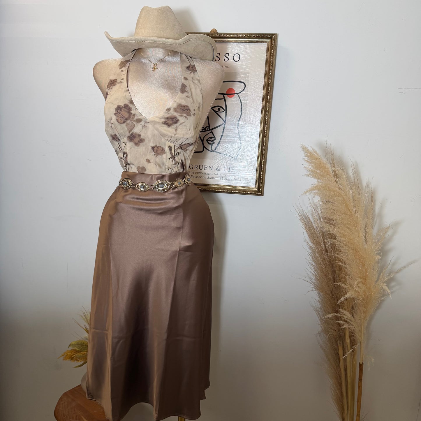 Halter Lace Up Corset Top-Taupe