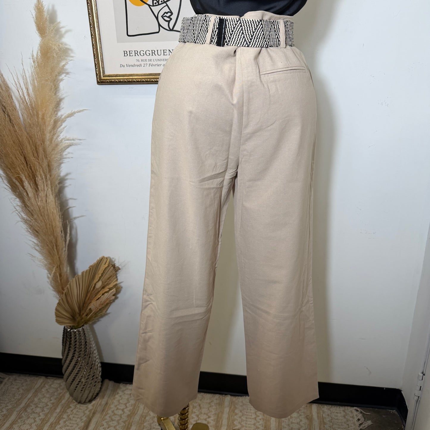 Linen Tribal Pattern Belt Wide Leg Pants-Khaki