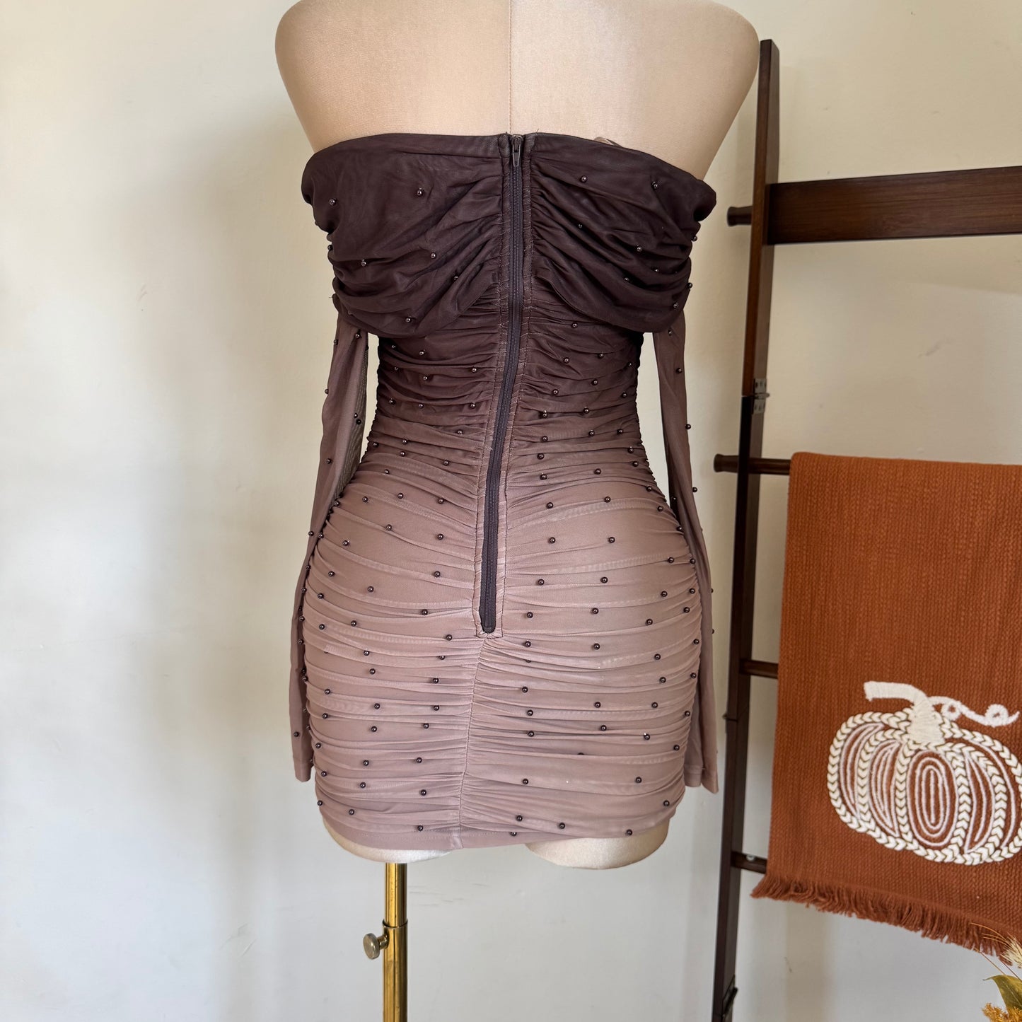 Off Shoulder Pearl ombré dress-Mocha
