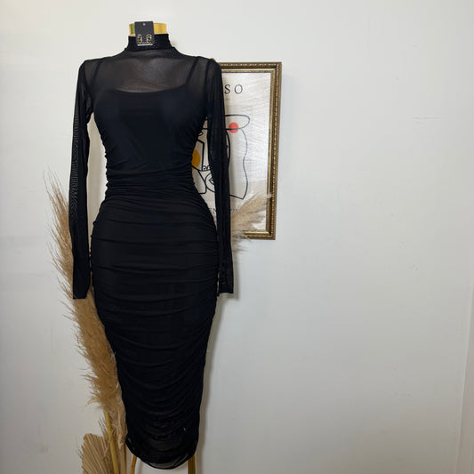 Solid Mesh Mock Neck Midi Long Sleeve Dress-Black