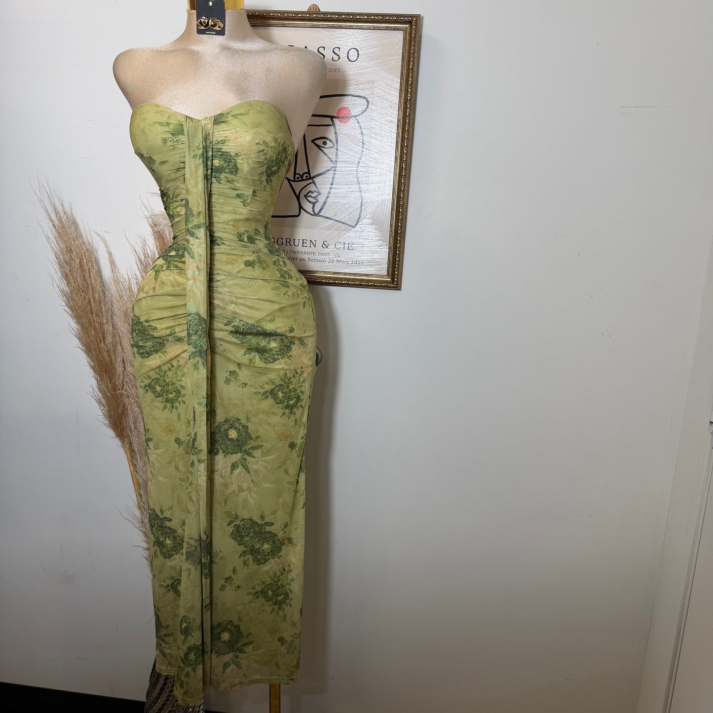Sweetheart Ruched Wrap Maxi Dress-Green