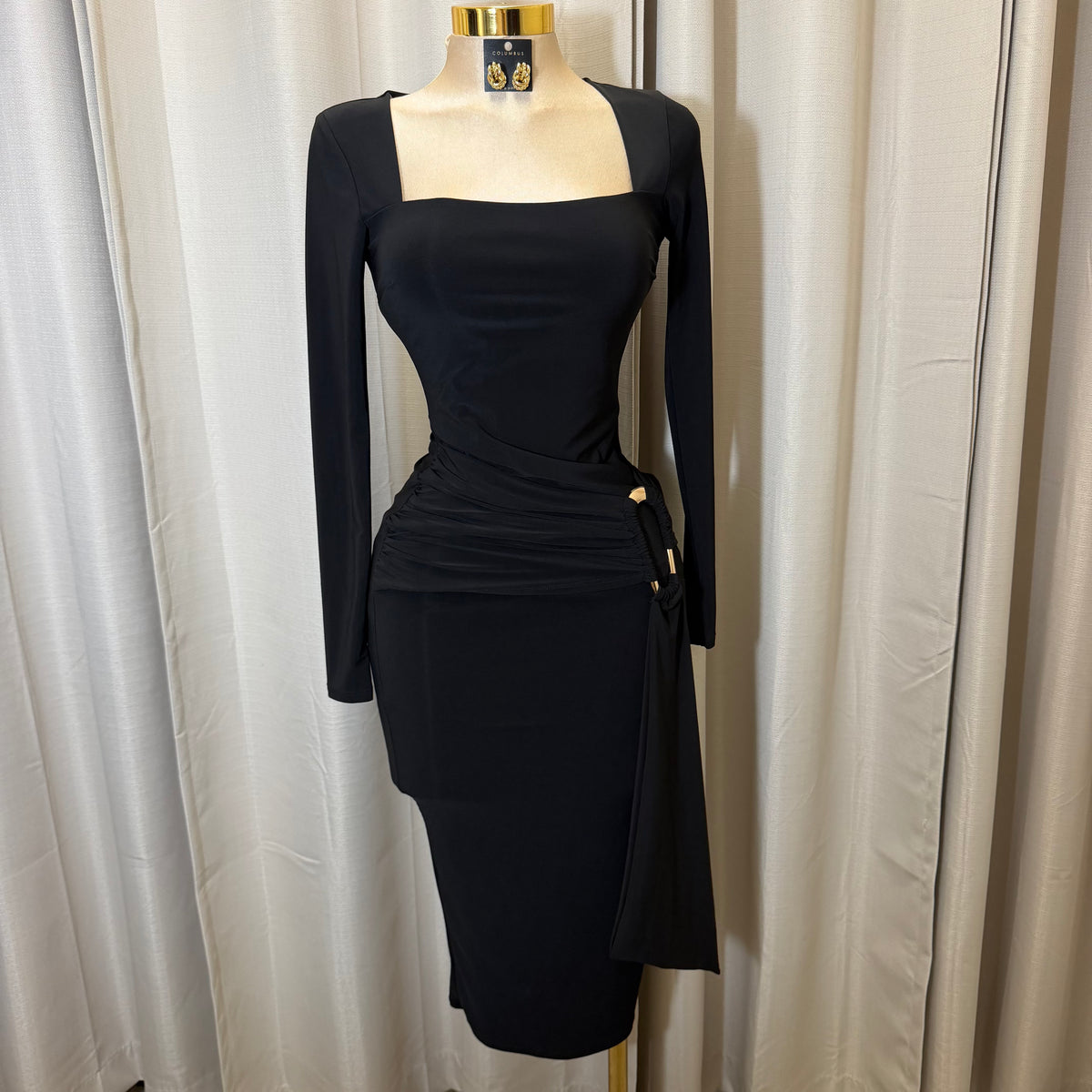 Square Neck Gold Trim Midi Dress-Black
