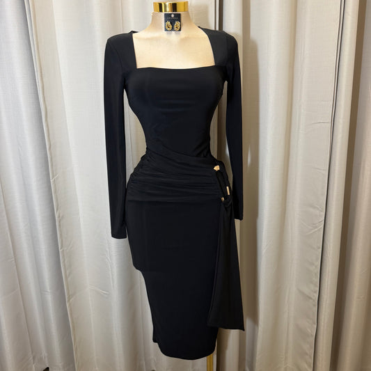 Square Neck Gold Trim Midi Dress-Black