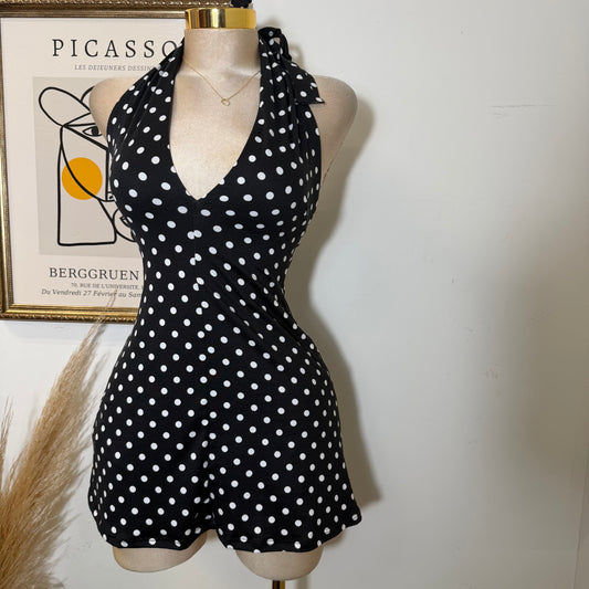 Halter Plunge V-Neck Mini Dress -Polka Dots