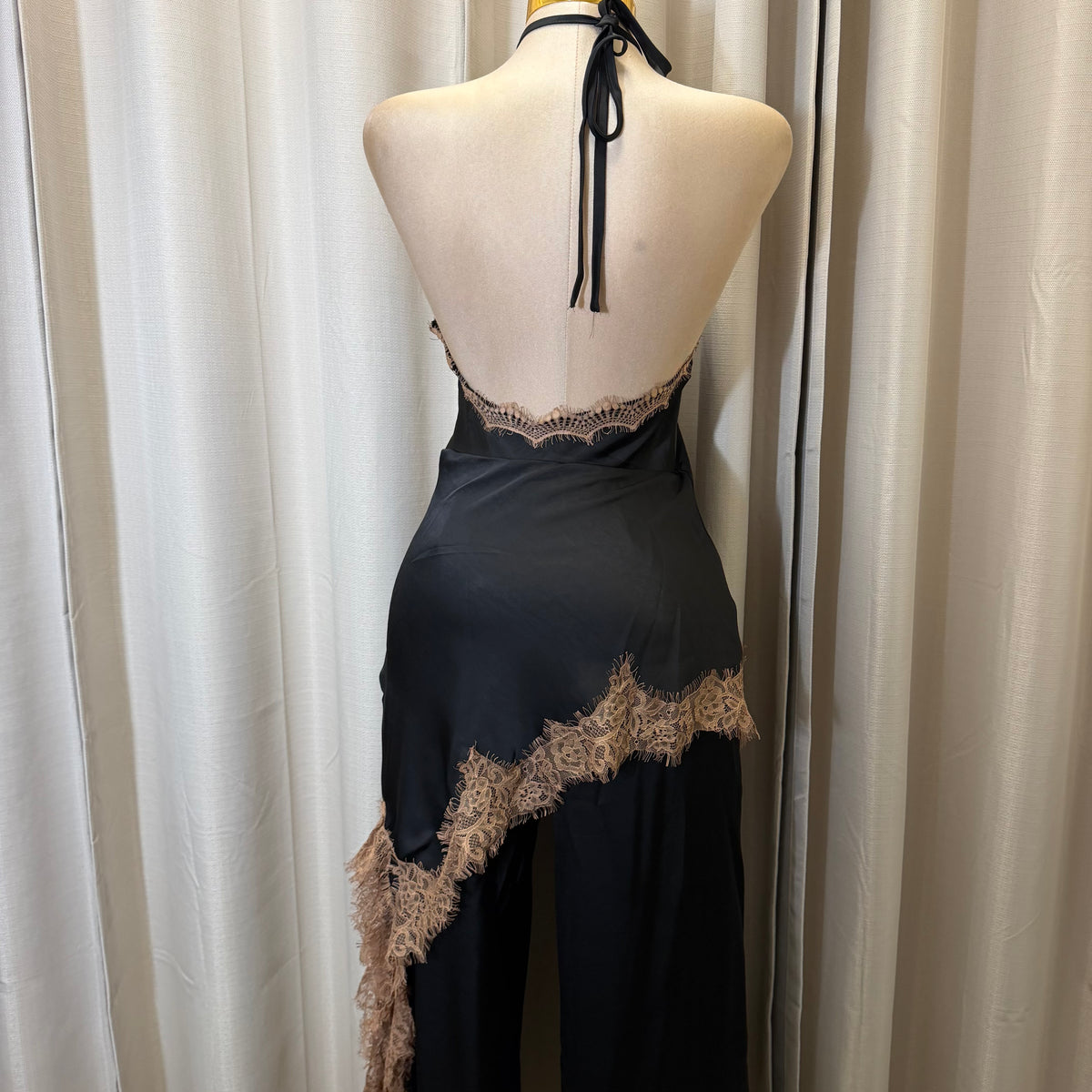 Contrast Lace Trim Satin Halter Jumpsuit-Black/brown