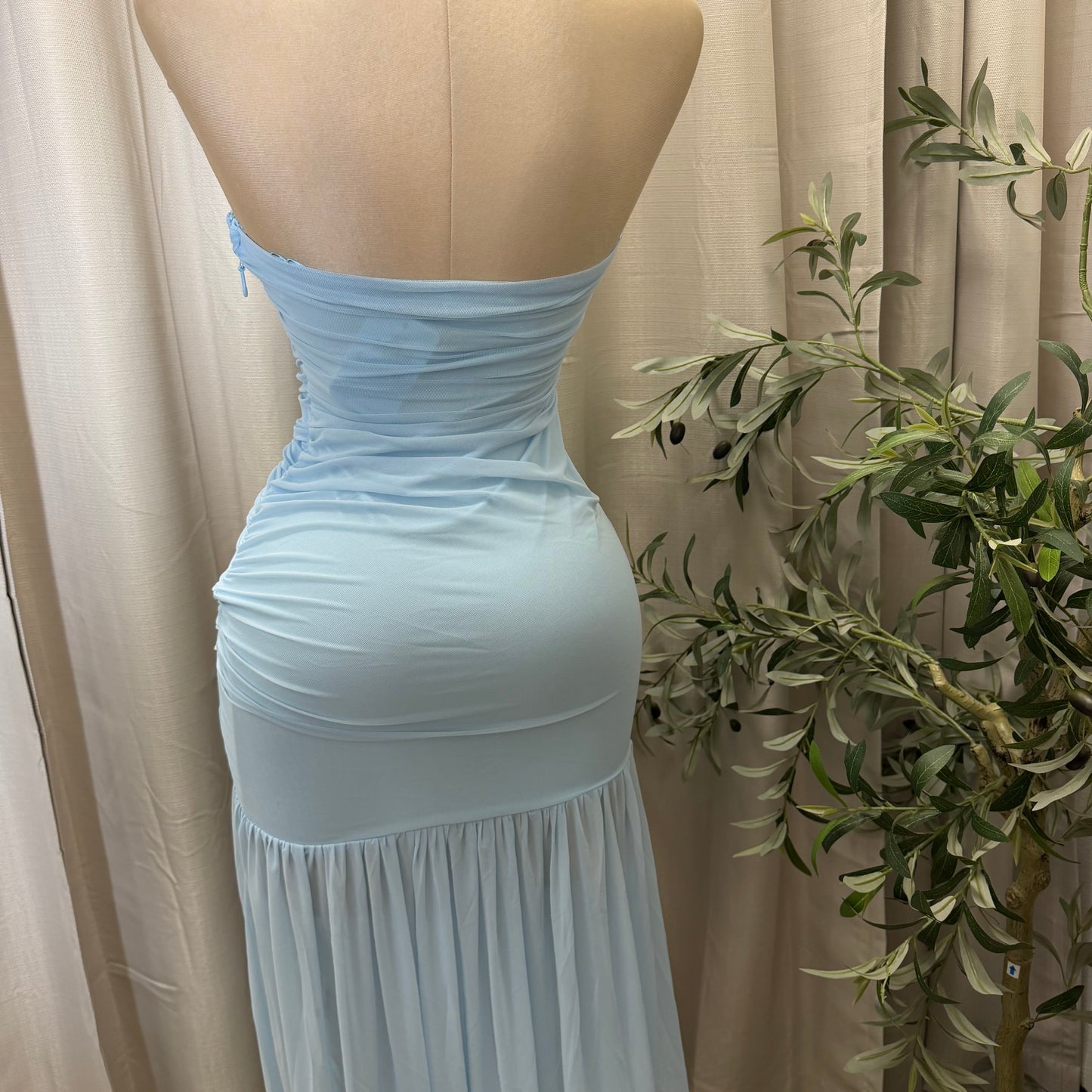 STRAPLESS RUCHED BODICE DROP WAIST MAXI DRESS-Baby Blue