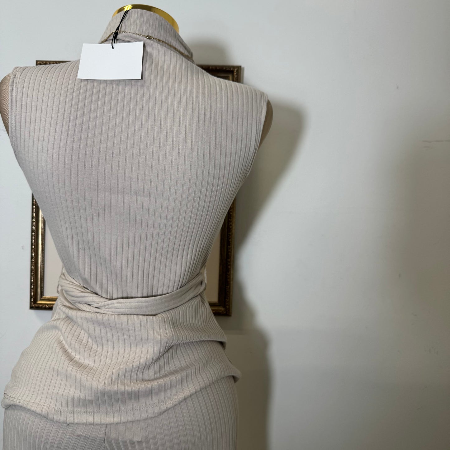 PL Sleeveless Mock neck with Belt rib knit Top and Wide Rib Knit pants-cream