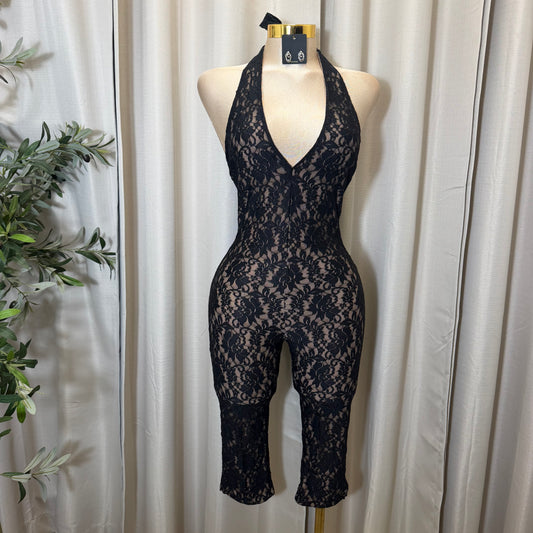 Floral Lace Halter Capri Jumpsuit-Black