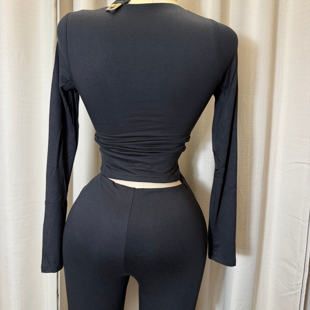 Deep Vneck Long Sleeve Crop Top with Seamed Bust Detail-Black