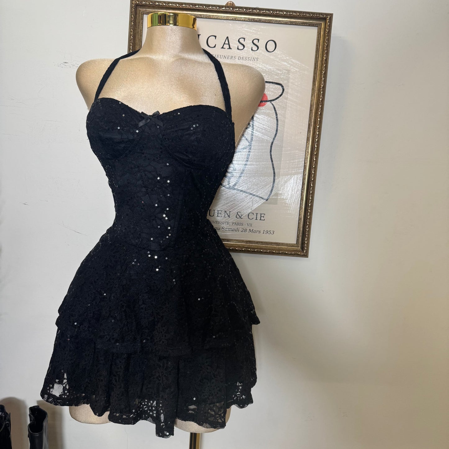 Sequined Halter Mini Dress with Tiered Skirt-Black