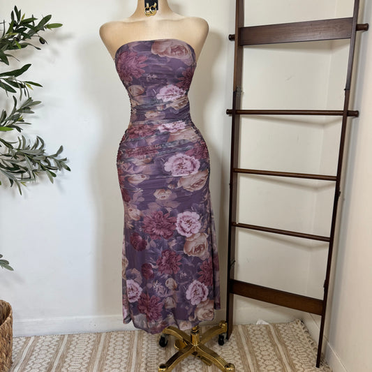 Mesh Print Tube Ruching Maxi Dress-Lavander