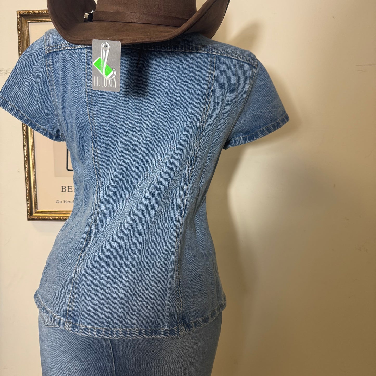 Short Sleeve Button Front Denim Top-Blue