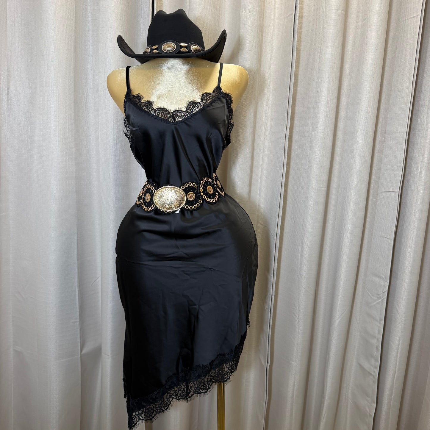 PL-Satin Lace Asymmetrical Dress-Black