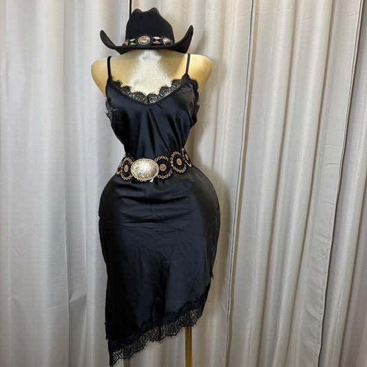 PL-Satin Lace Asymmetrical Dress-Black