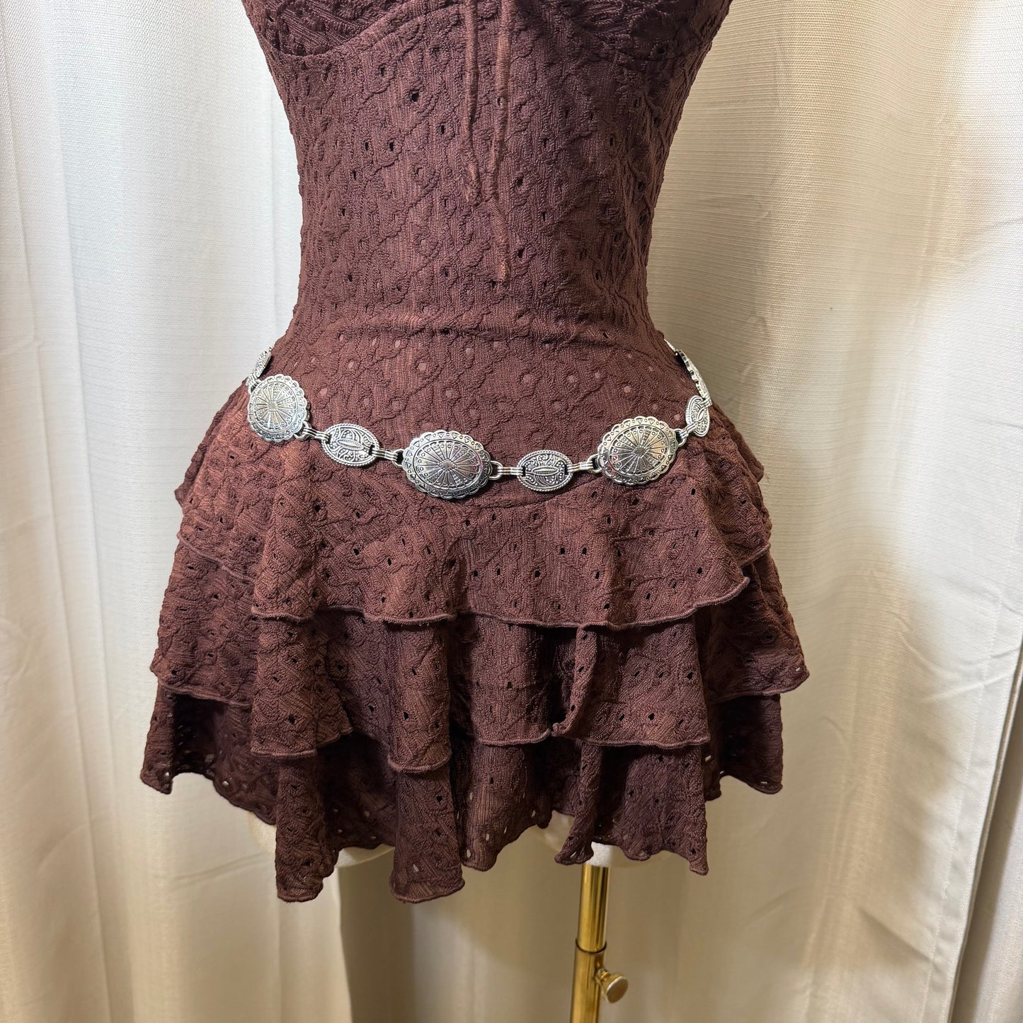 Eyelet halter neck Tiered Ruffle Mini Dress-Brown