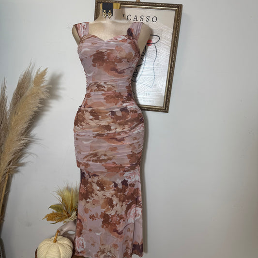 Off Shoulder Bustier Ruching Maxi Dress-brown