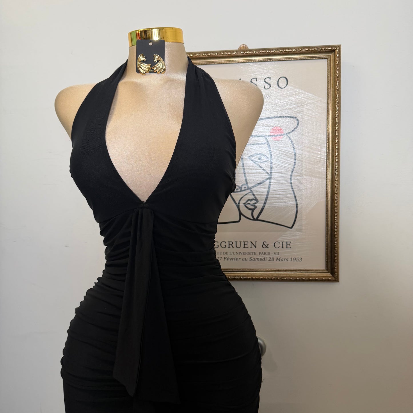 Mesh Midi Dress W/ a Front Sash-Black