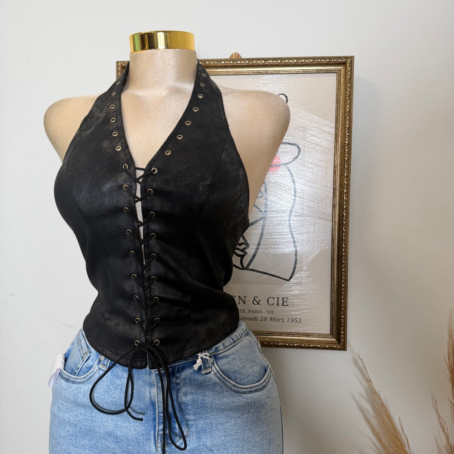 Tie Front Suede Crop Top-Black