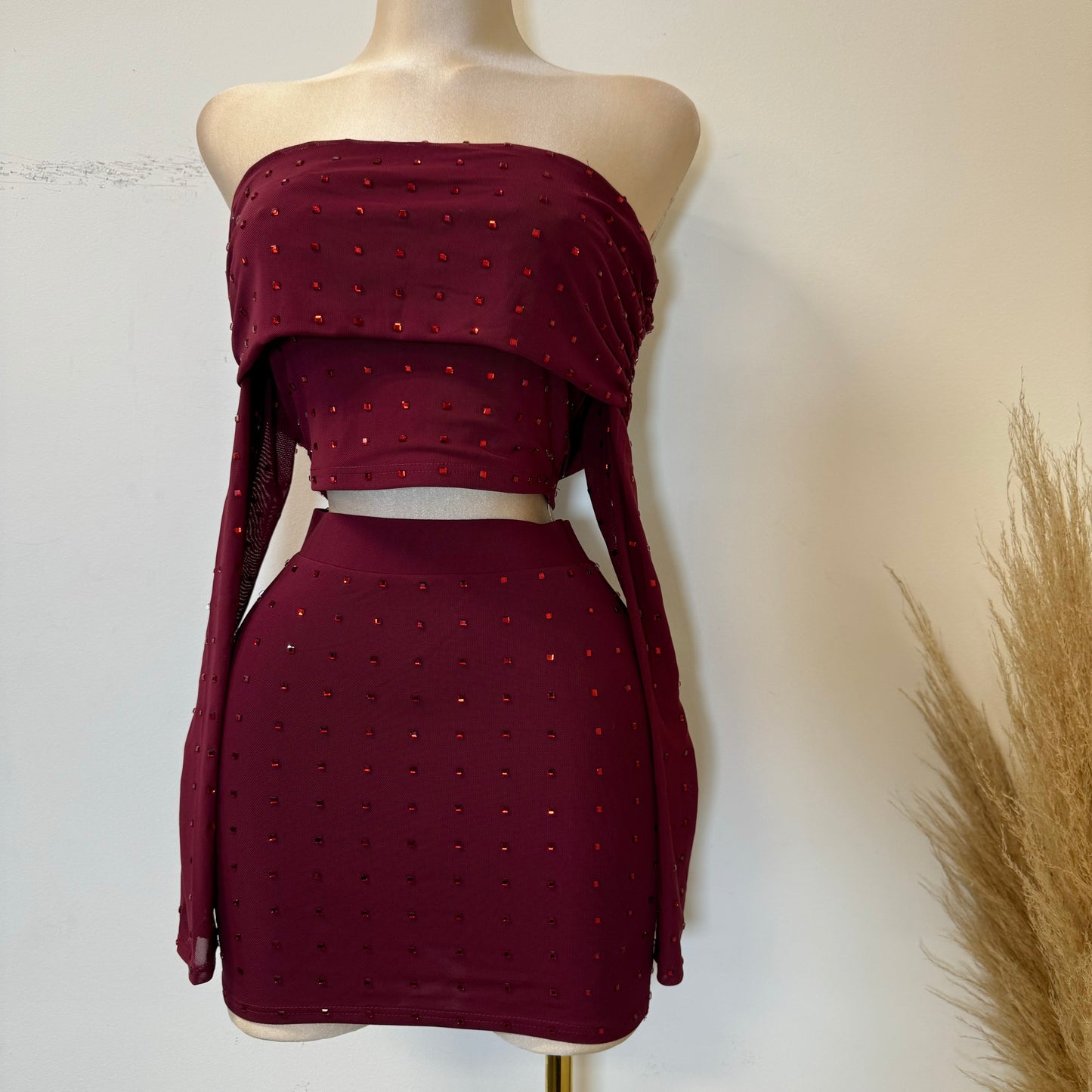 Rhinestone Skirt Set-Burgundy