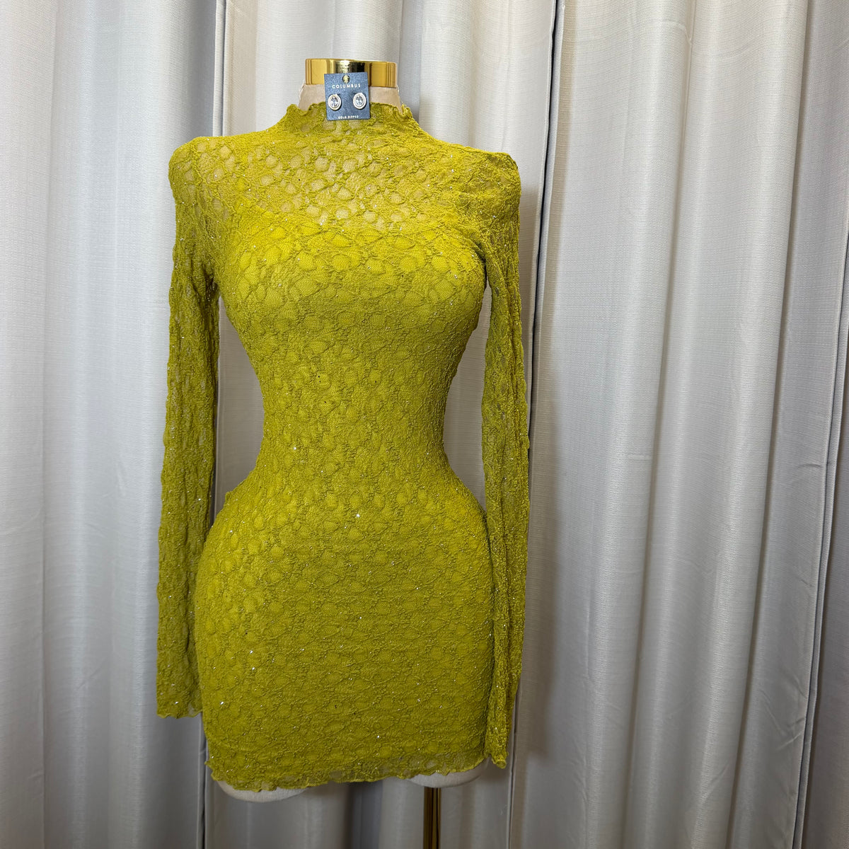 Long Sleeve Rhinestone Lace Dress-Olive Moss