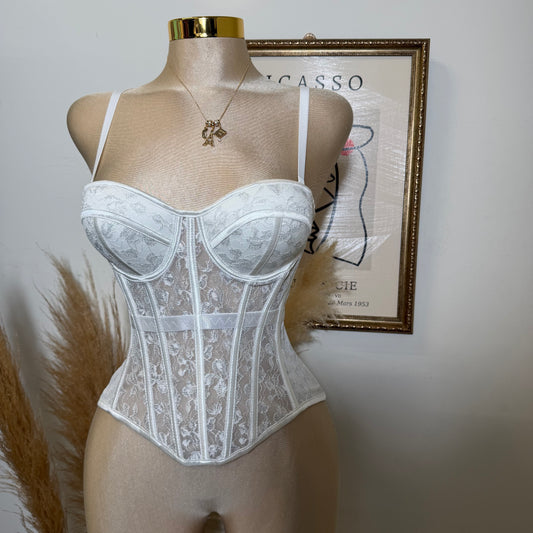 Long Lace Corset Top with Flower Glitter Design-White