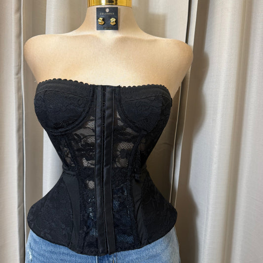Lace strapless lace up corset-Black
