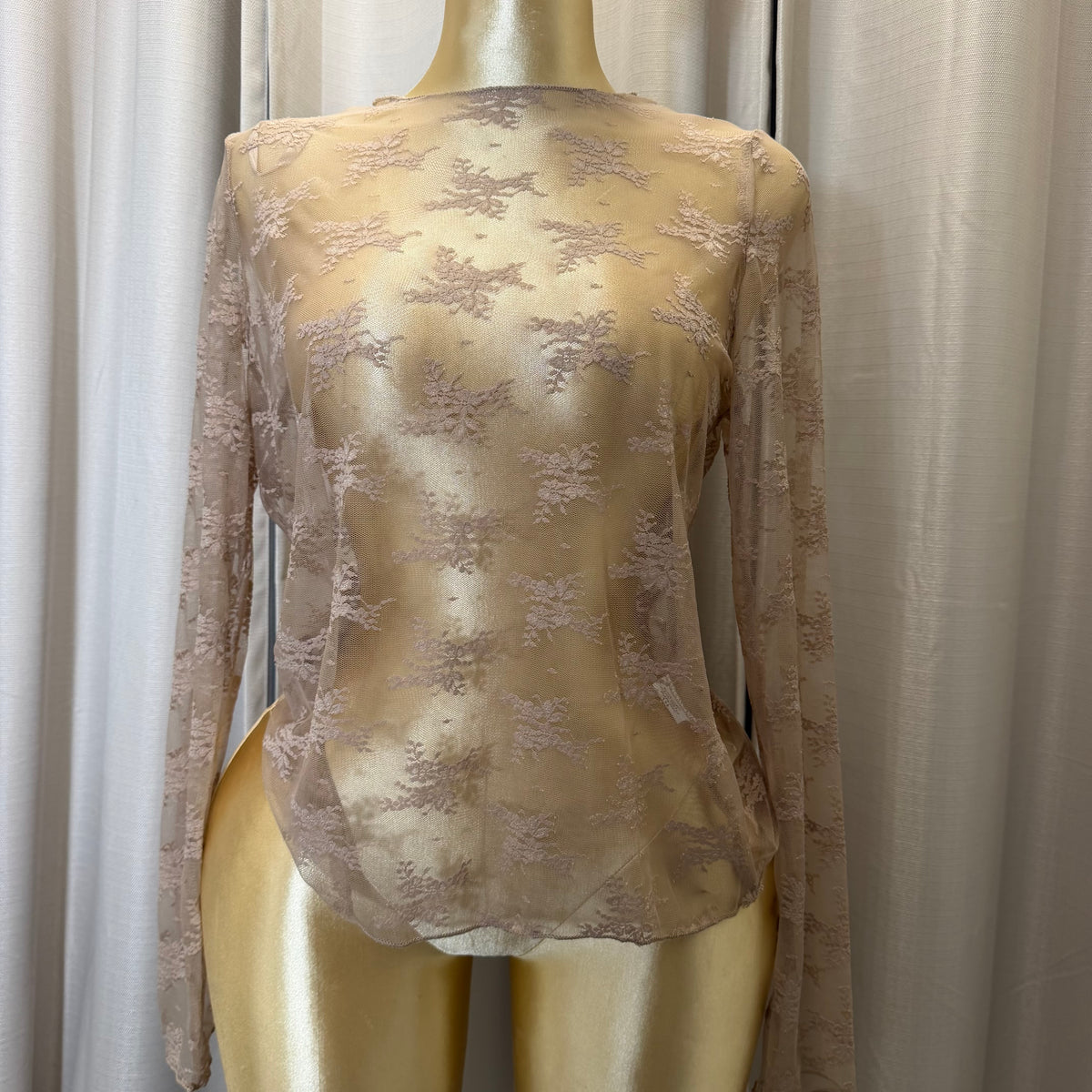 PL Long sleeve sheer lace Mesh Top-Taupe