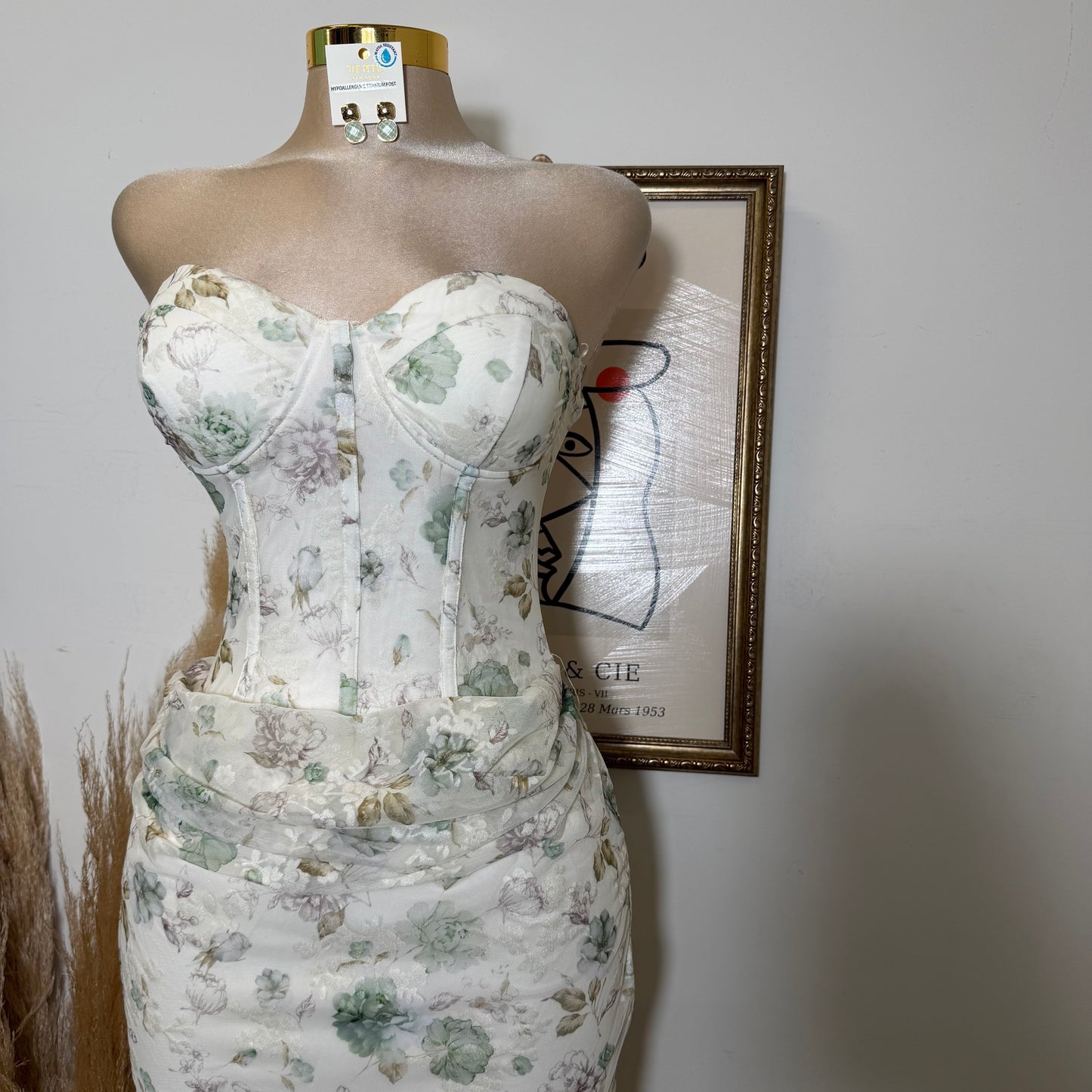 Strapless Floral Print Corset Midi Dress-Green Multi