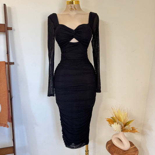 Sweet Heart Long Sleeve Rucing Rhinestone Midi Dress- Black