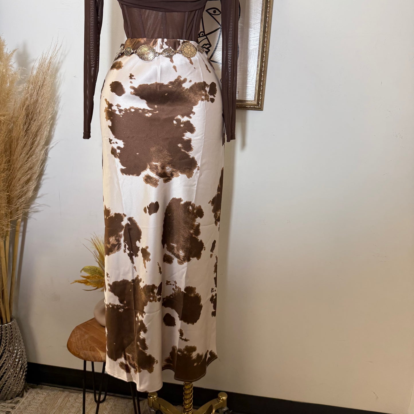 Cow Print Satin Maxi Skirt-brown