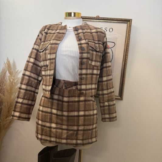 Brushed Plaid Mini Skirt-Khaki