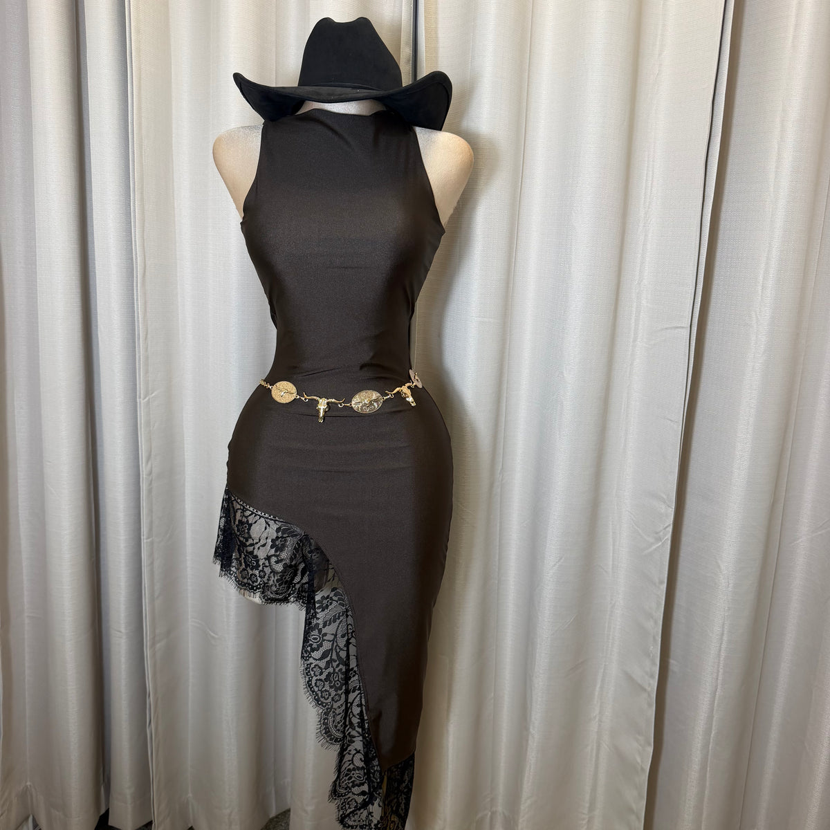 Mock neck Asymmetrical lace Detail Dress-Brown/Black