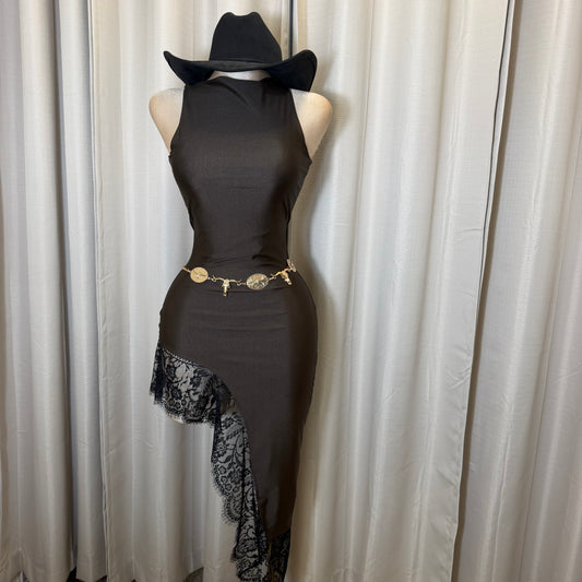 Mock neck Asymmetrical lace Detail Dress-Brown/Black