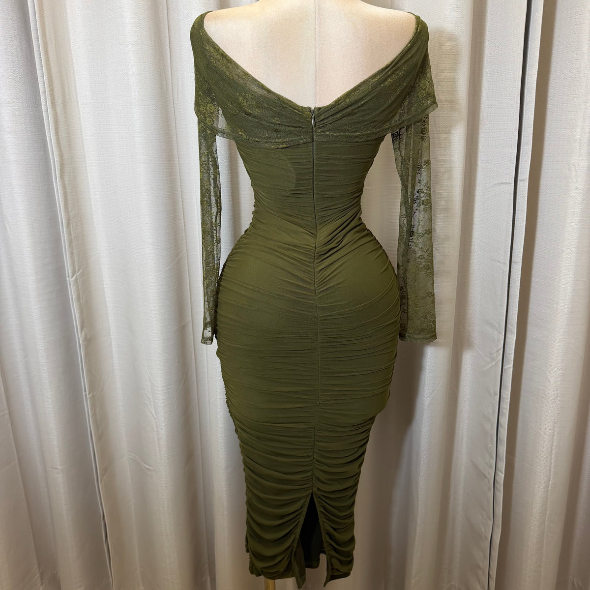 Off Shoulder Midi Dress-Olive