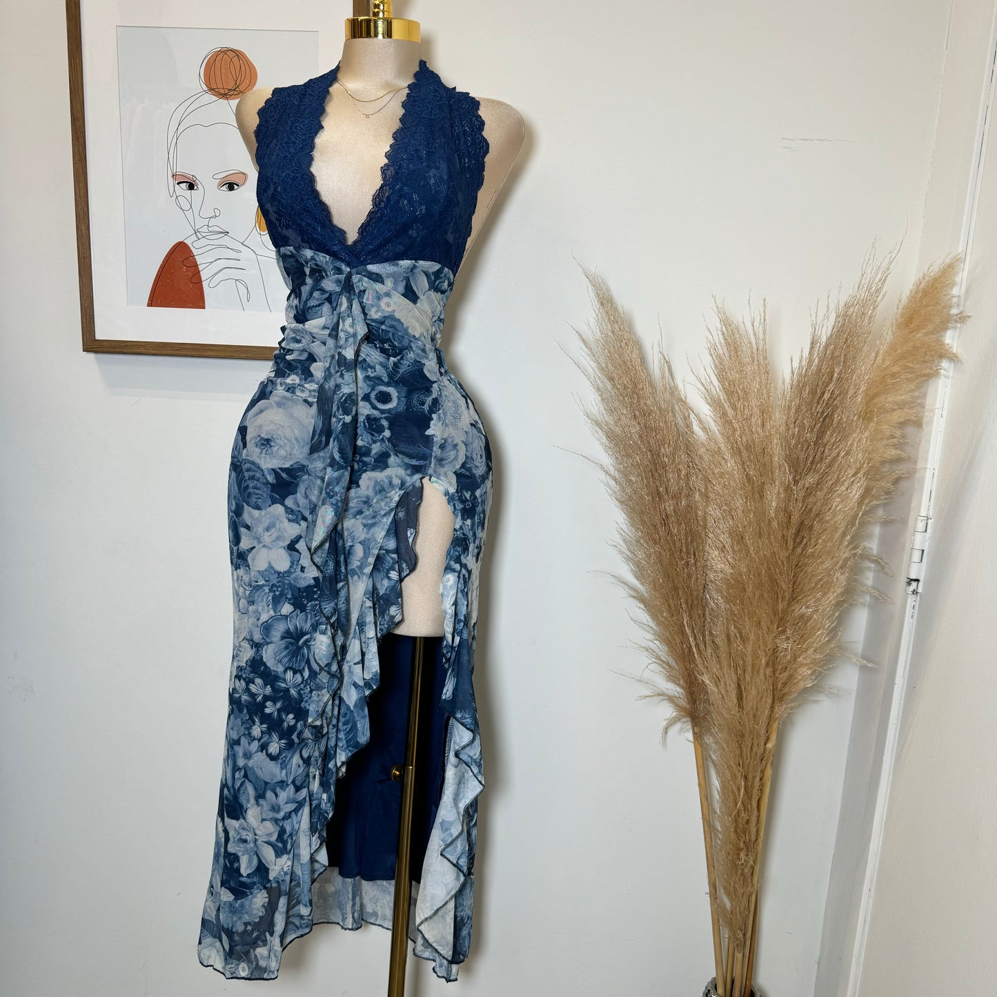 Xio open Slit Dress-Navy