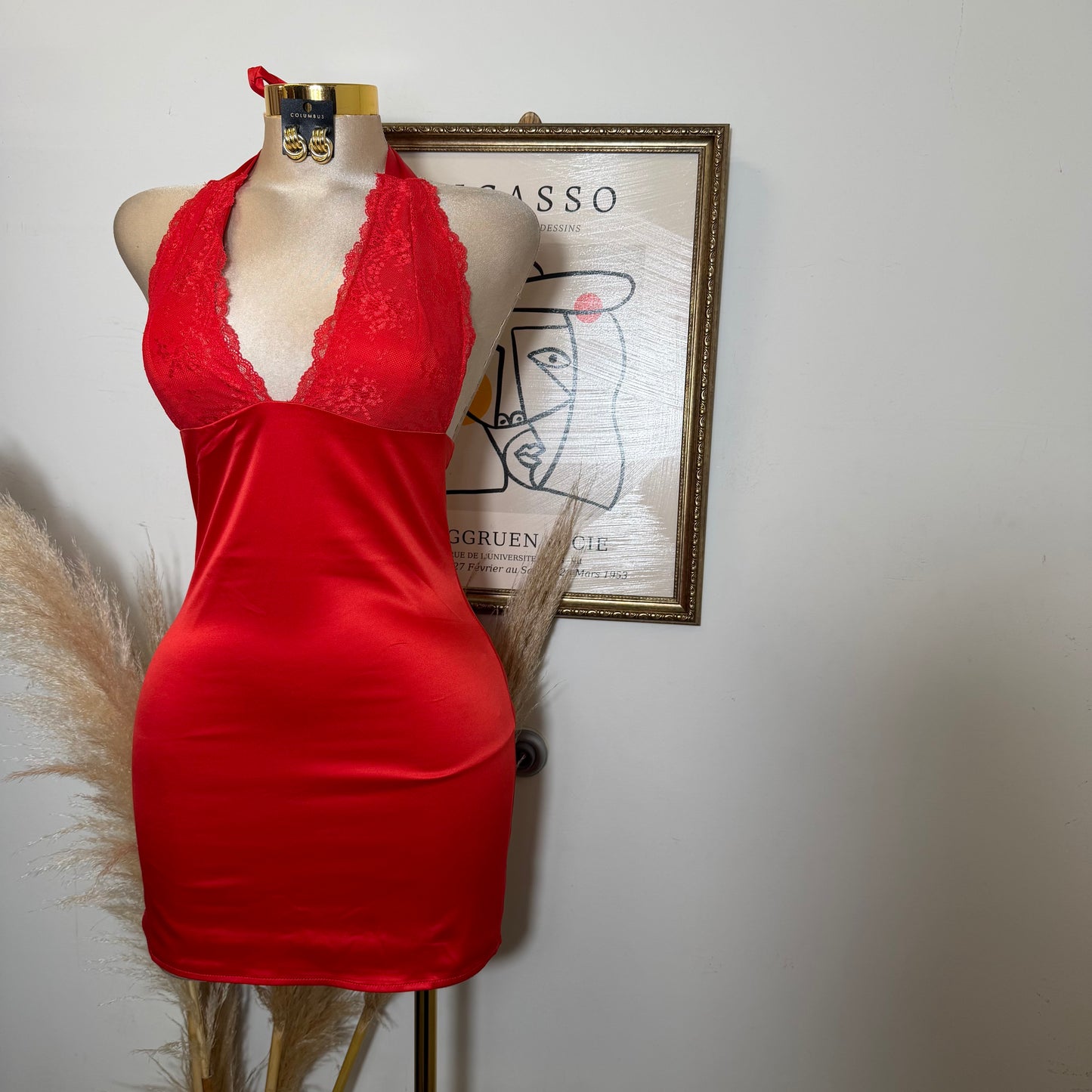Halter Lace Satin Mini Dress-Red