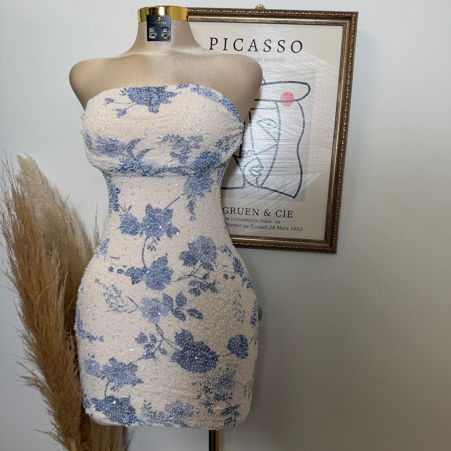 Floral beading pleated bust Bodycon Mini Dress-Ivory/Blue