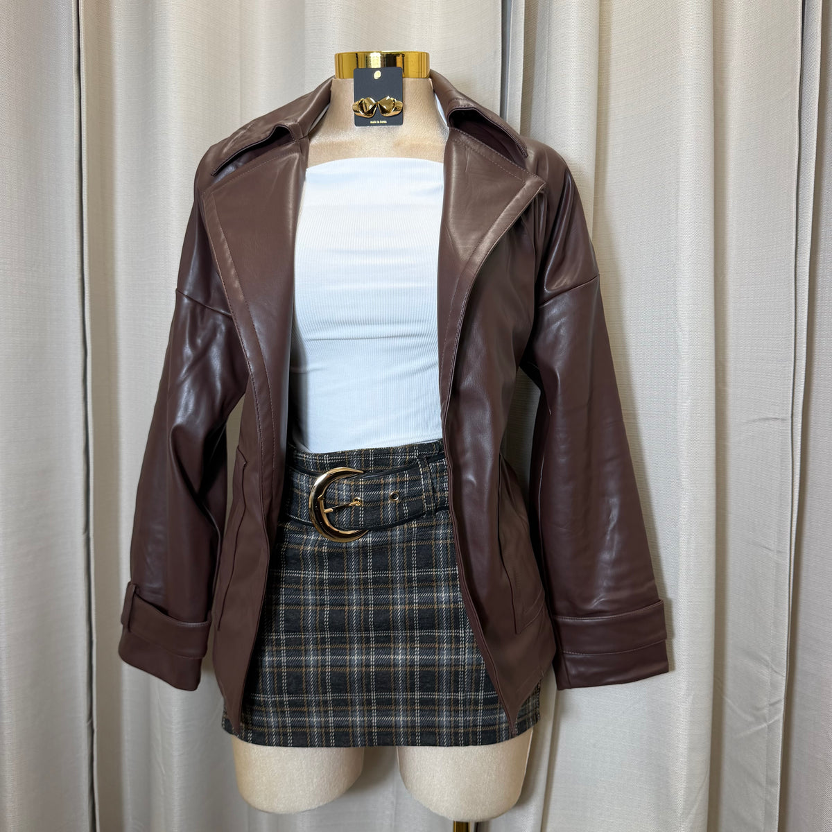 Oversized Leather Coat-Brown